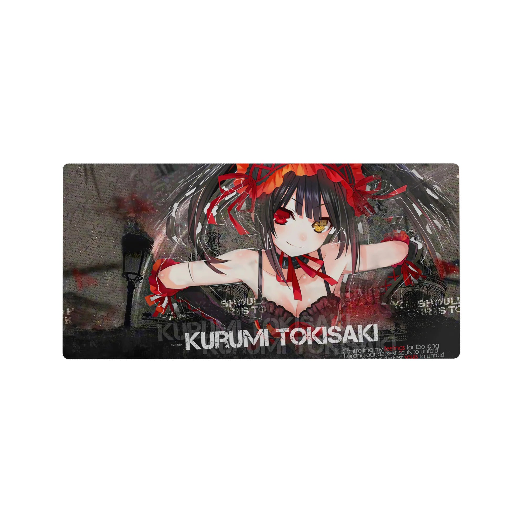 32x16 inches anime girl mouse pad with twin tails, crimson ribbons, gritty street background, shattered-glass look.