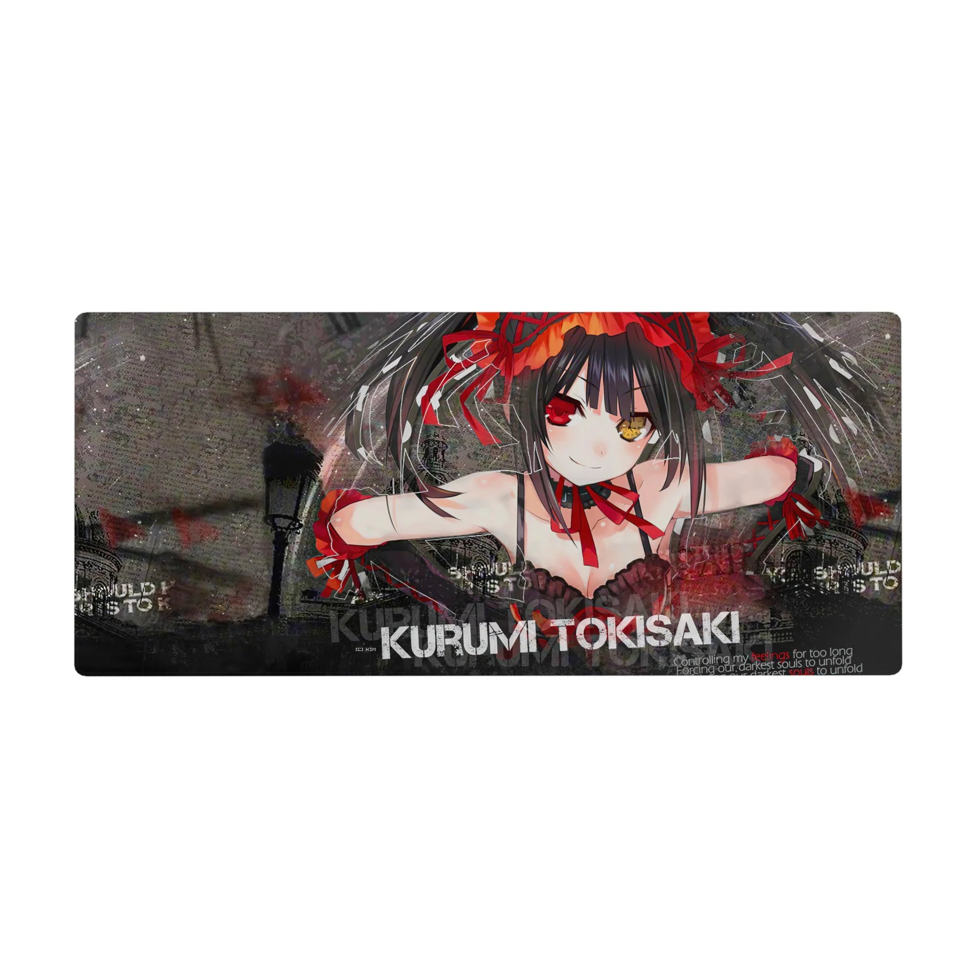 Anime girl desk pad 36x16 inches with Kurumi-inspired street backdrop, shattered glass, and twin tails.