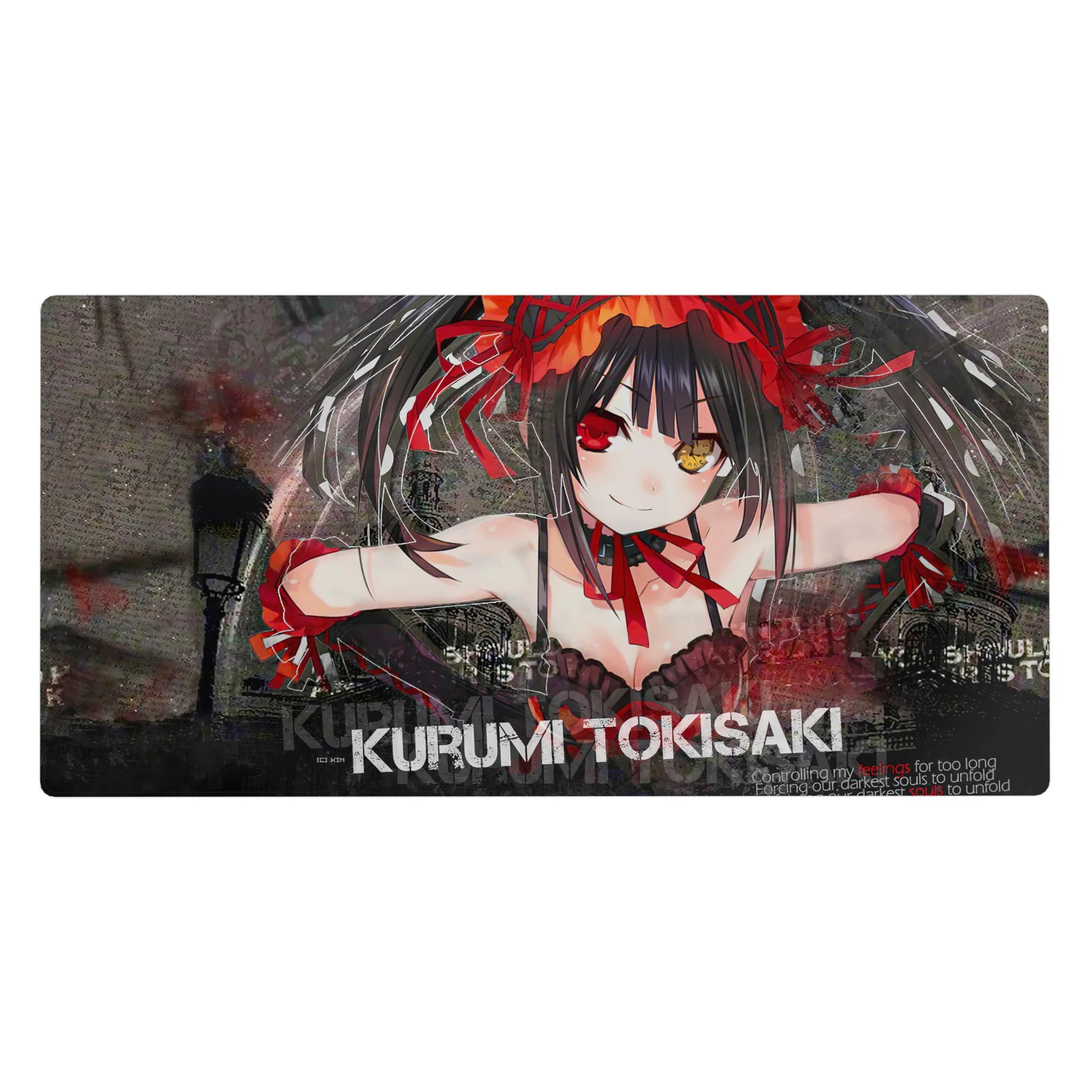 Anime girl desk pad 40x20 inches with Kurumi Tokisaki, twin tails, ribbons, gritty street backdrop.