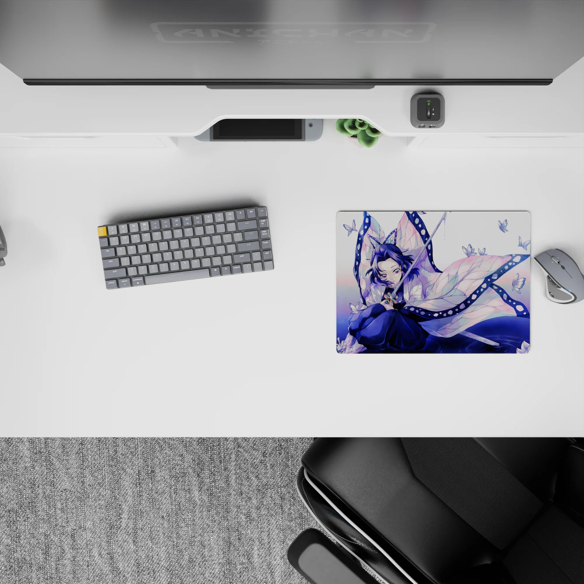 Anime mouse pad 14x10 inches featuring Shinobu from Demon Slayer in ethereal hues of violet and teal, showcasing her butterfly wing haori.