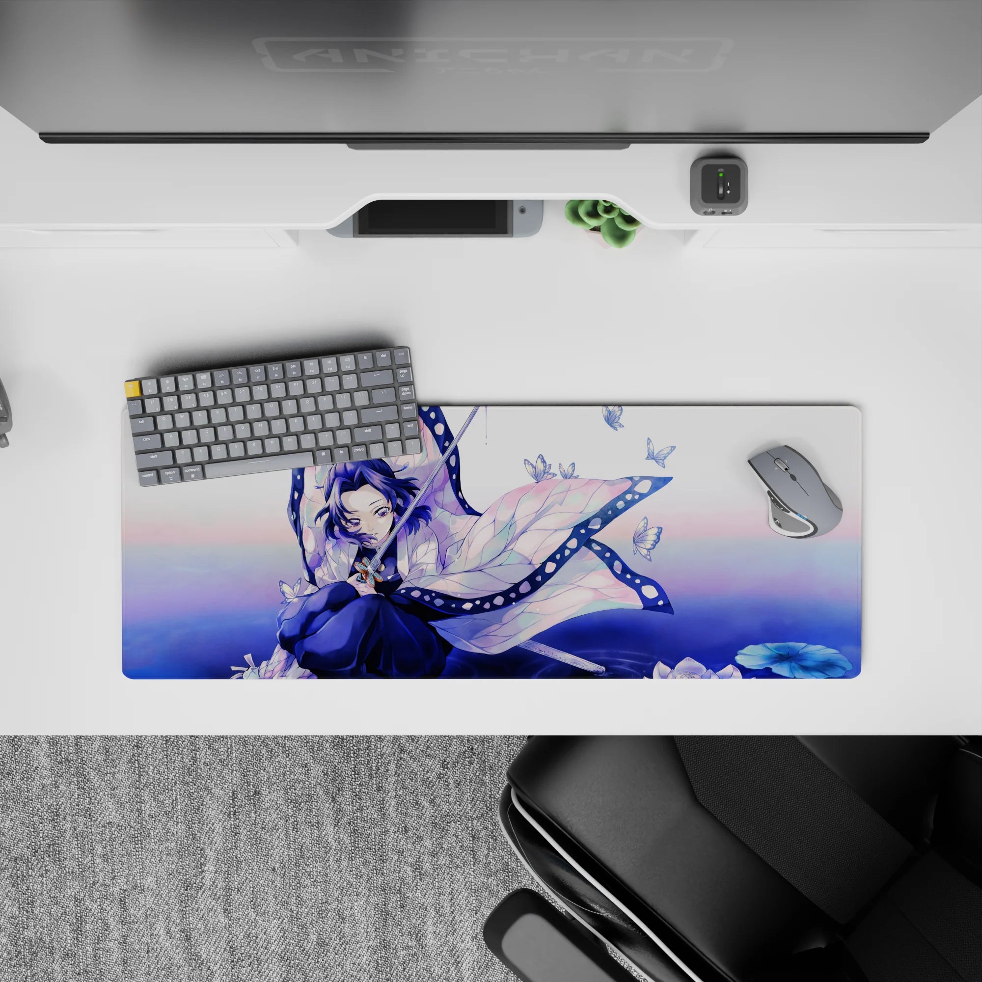 Anime mouse pad 32x12 inches featuring Shinobu from Demon Slayer in a violet and teal design, showcasing her butterfly wing haori.