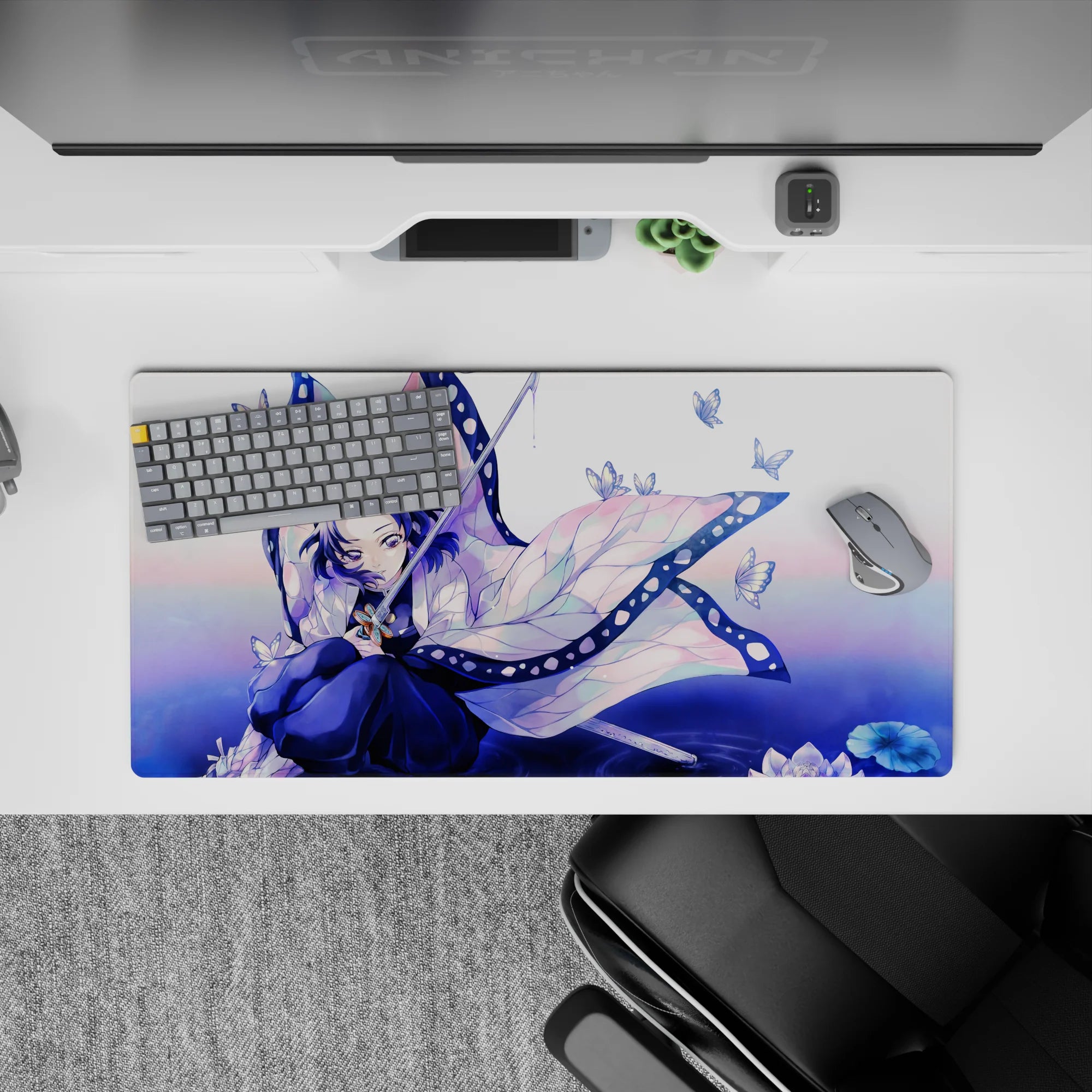 Anime mouse pad 32x16 inches featuring Shinobu from Demon Slayer, with violet and teal hues, butterfly wing haori.