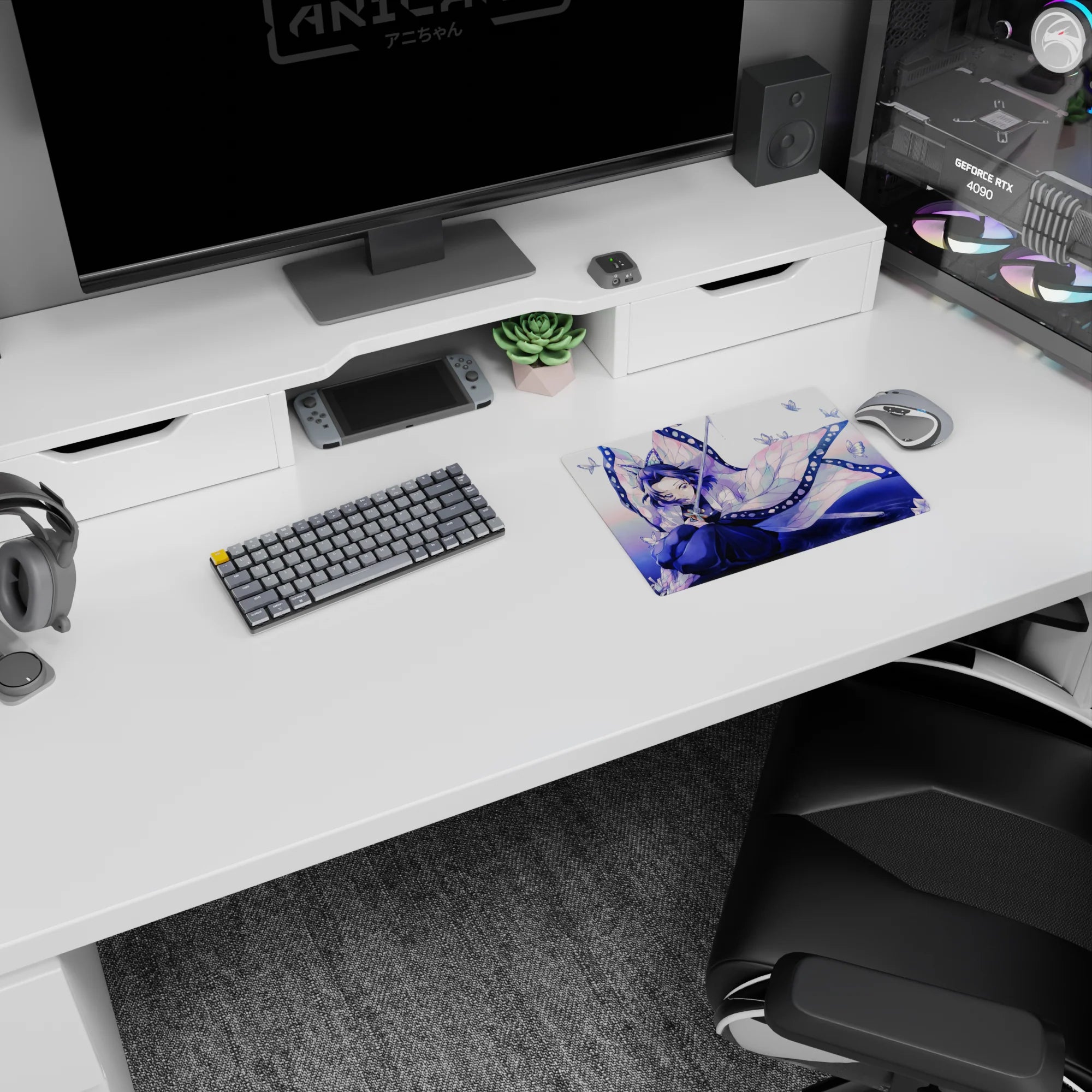 Mouse pad 14x10 inches featuring Shinobu from anime, with her butterfly wing haori in violet and teal hues.