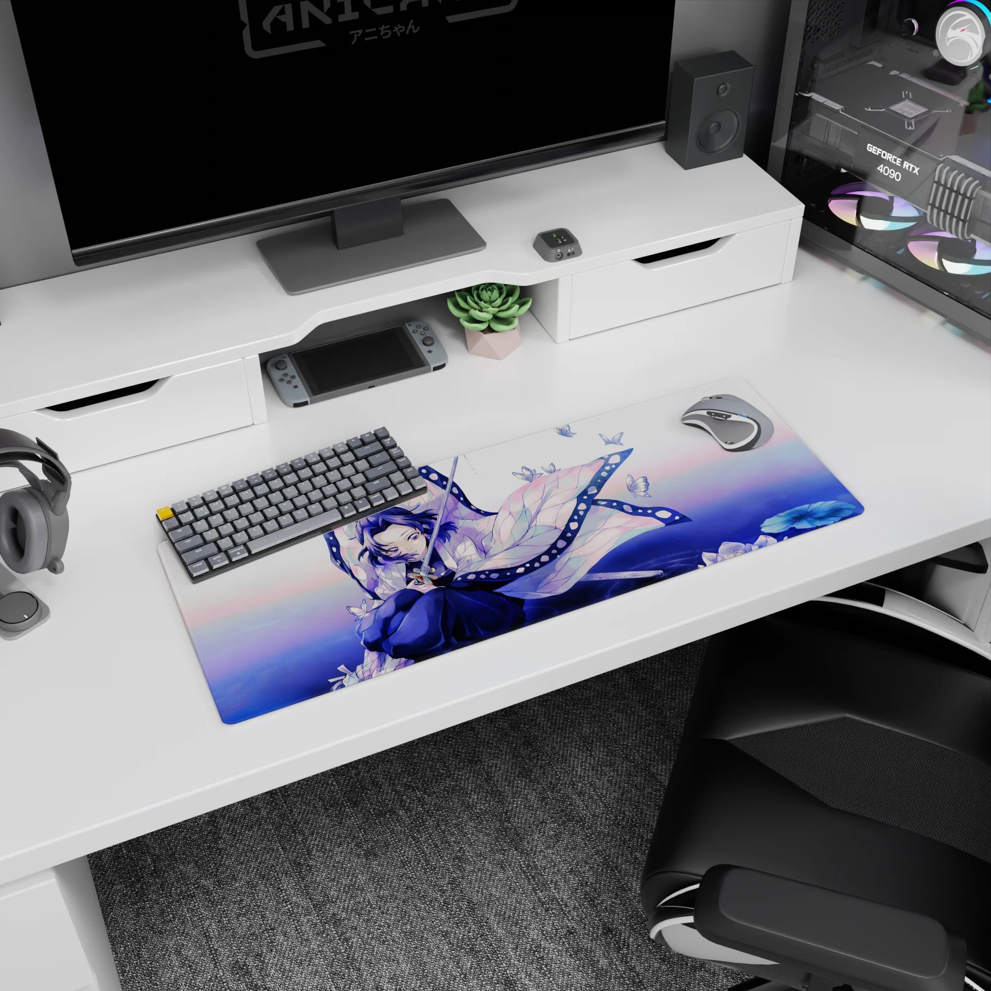 Anime mouse pad 32x12 inches with Shinobu from Demon Slayer, featuring her butterfly wing haori in violet and teal.