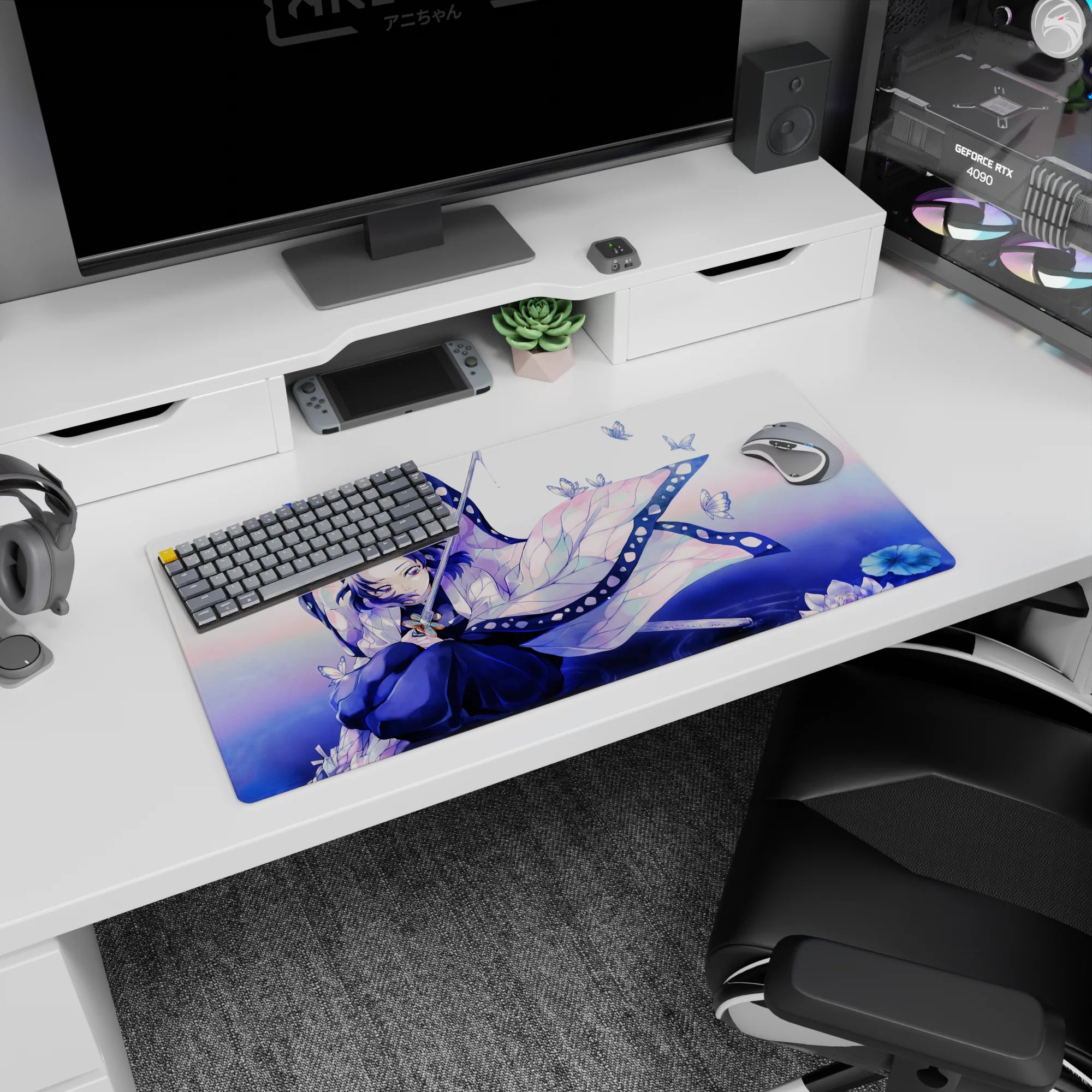 Shinobu anime mouse pad 32x16 inches, featuring her butterfly wing haori with violet and teal hues, elegant and detailed.