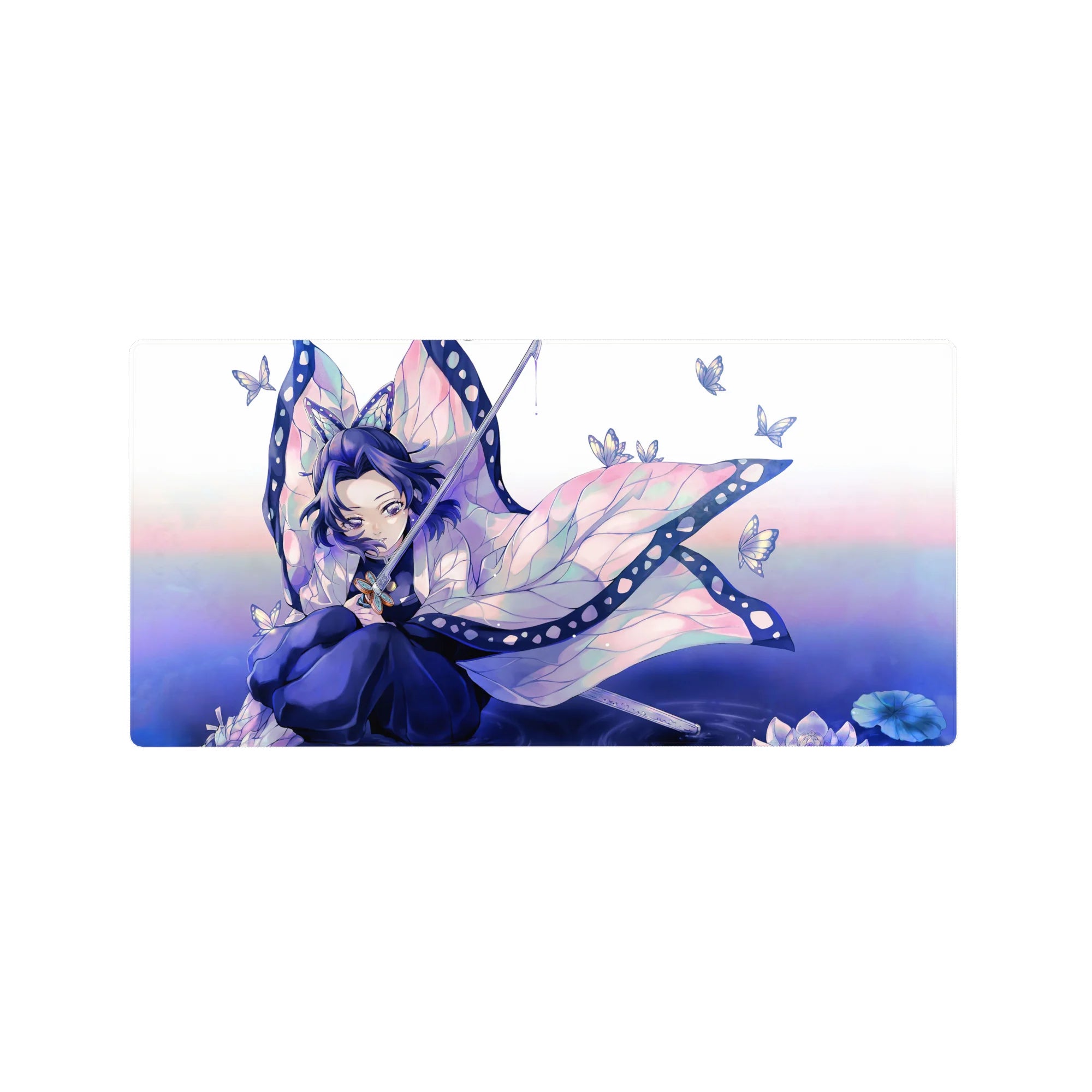 Anime mouse pad 32x16 inches featuring Shinobu from Demon Slayer in a violet and teal design with butterfly motifs.