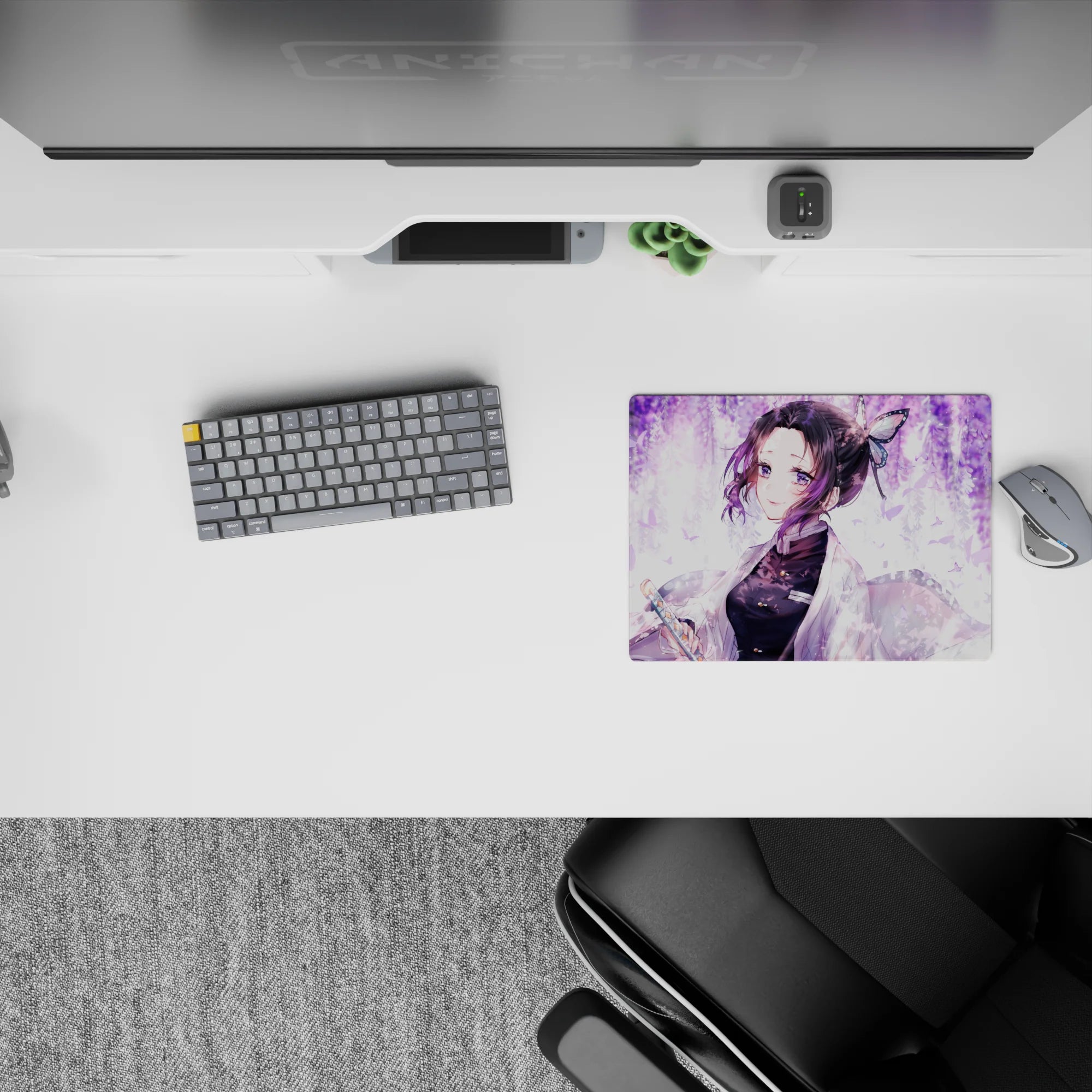 Shinobu anime mouse pad 14x10 inches with lilac swirls and wisteria, featuring pastel butterflies and serene design.