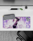 Mouse pad featuring Shinobu from anime, 28x12 inches, with lilac swirls, petals, and pastel butterflies under wisteria.