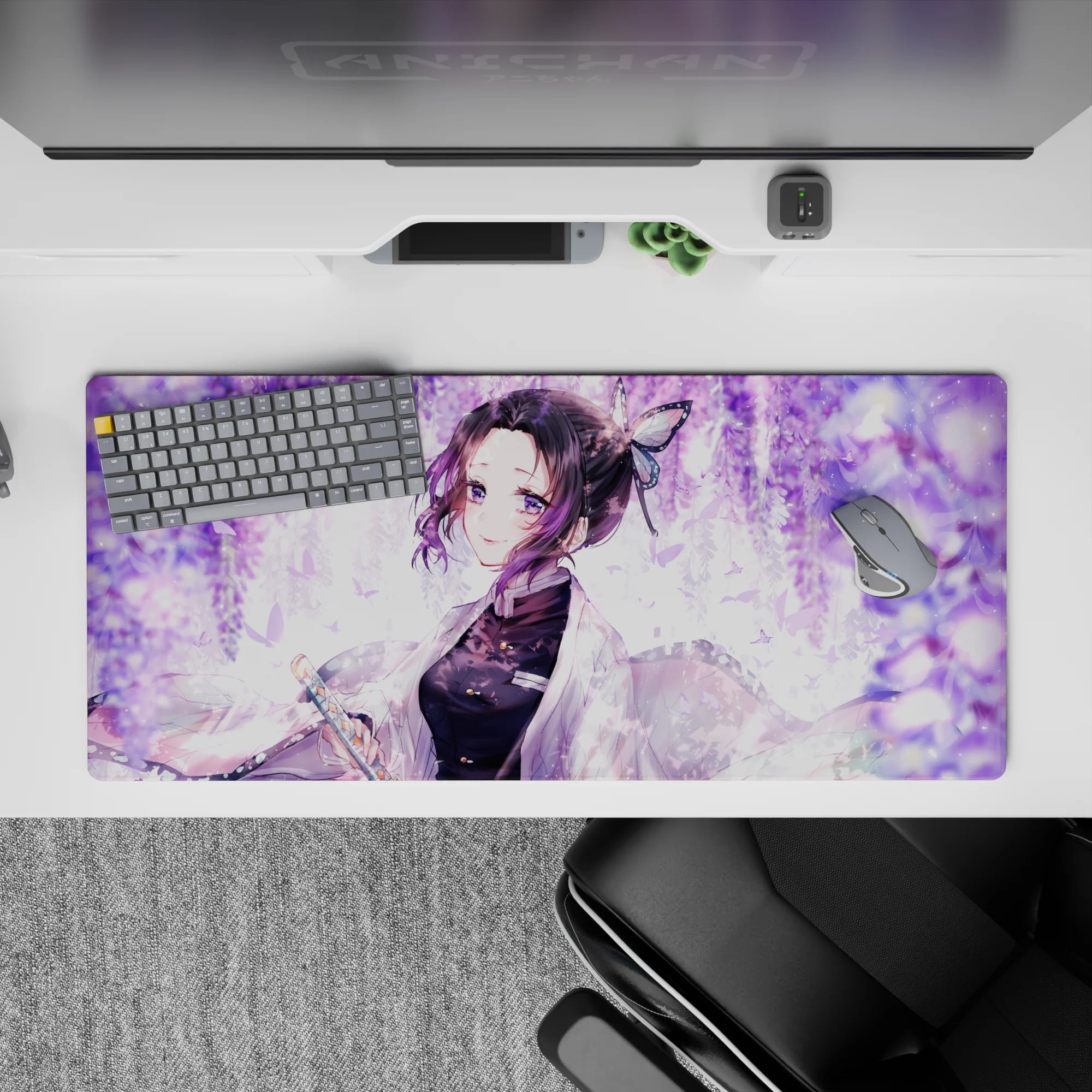 Anime desk pad 36x16 inches featuring Shinobu from Demon Slayer with lilac swirls and wisteria, adding serene elegance.