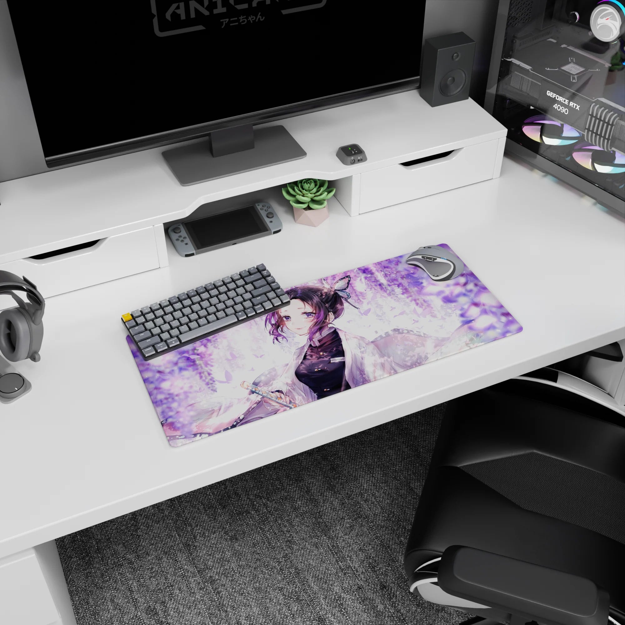 Shinobu anime mouse pad, 28x12 inches, with lilac swirls, wisteria petals, and pastel butterflies, evokes serene spring vibes.