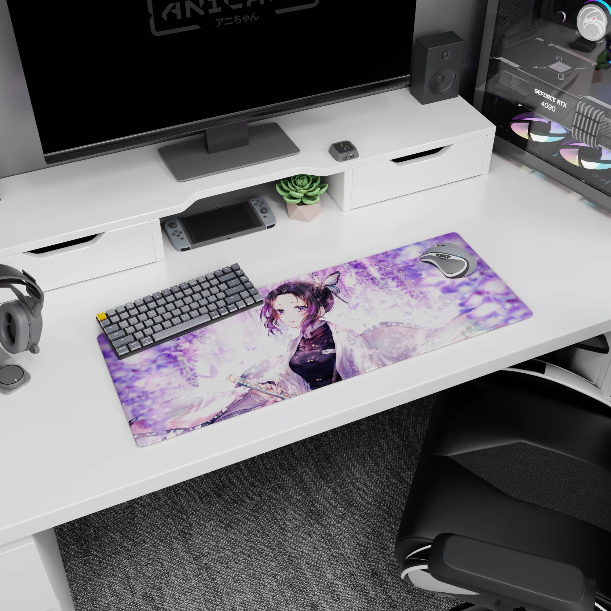 Anime mouse pad 32x12 inches featuring Shinobu from Demon Slayer under wisteria, lilac swirls, and pastel butterflies.