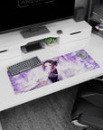 Anime mouse pad 32x12 inches featuring Shinobu from Demon Slayer under wisteria, lilac swirls, and pastel butterflies.