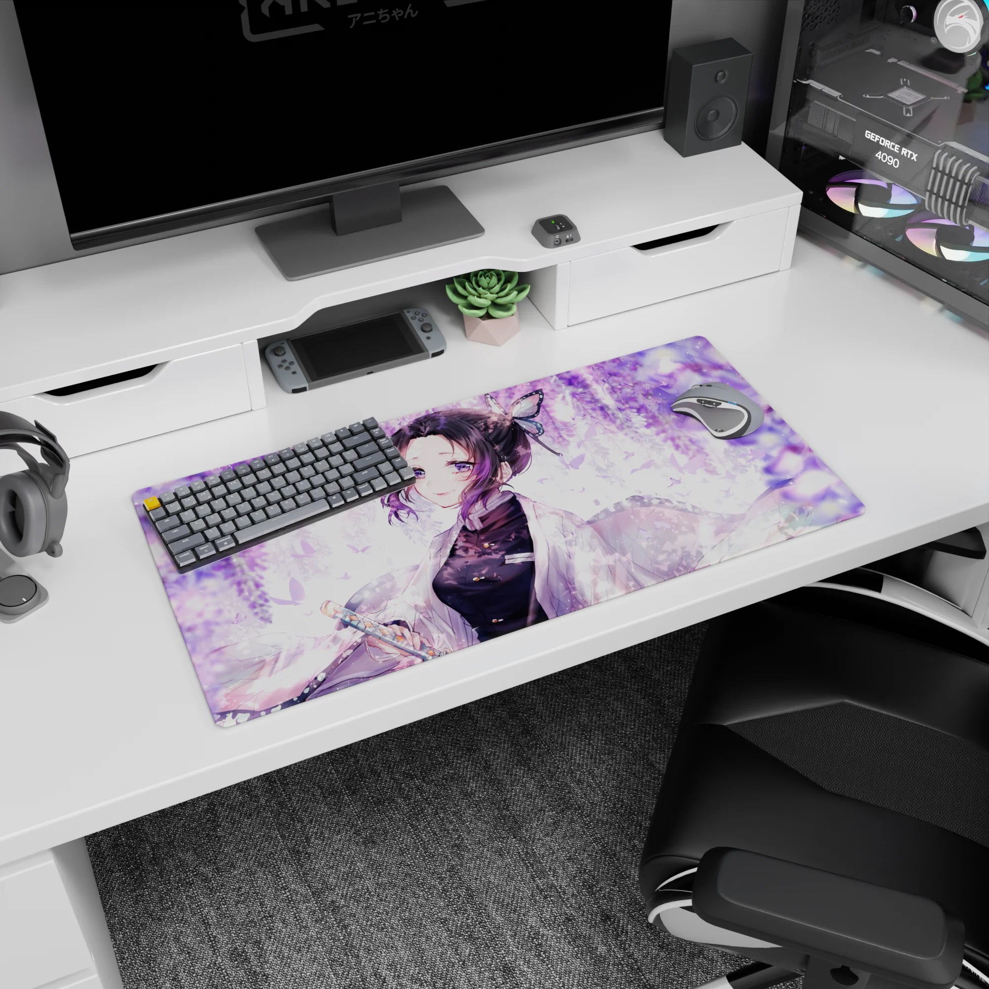 Anime mouse pad 32x16 inches featuring Shinobu from Demon Slayer, surrounded by lilac swirls and wisteria, enhancing serenity.