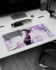 Anime mouse pad 32x16 inches featuring Shinobu from Demon Slayer, surrounded by lilac swirls and wisteria, enhancing serenity.