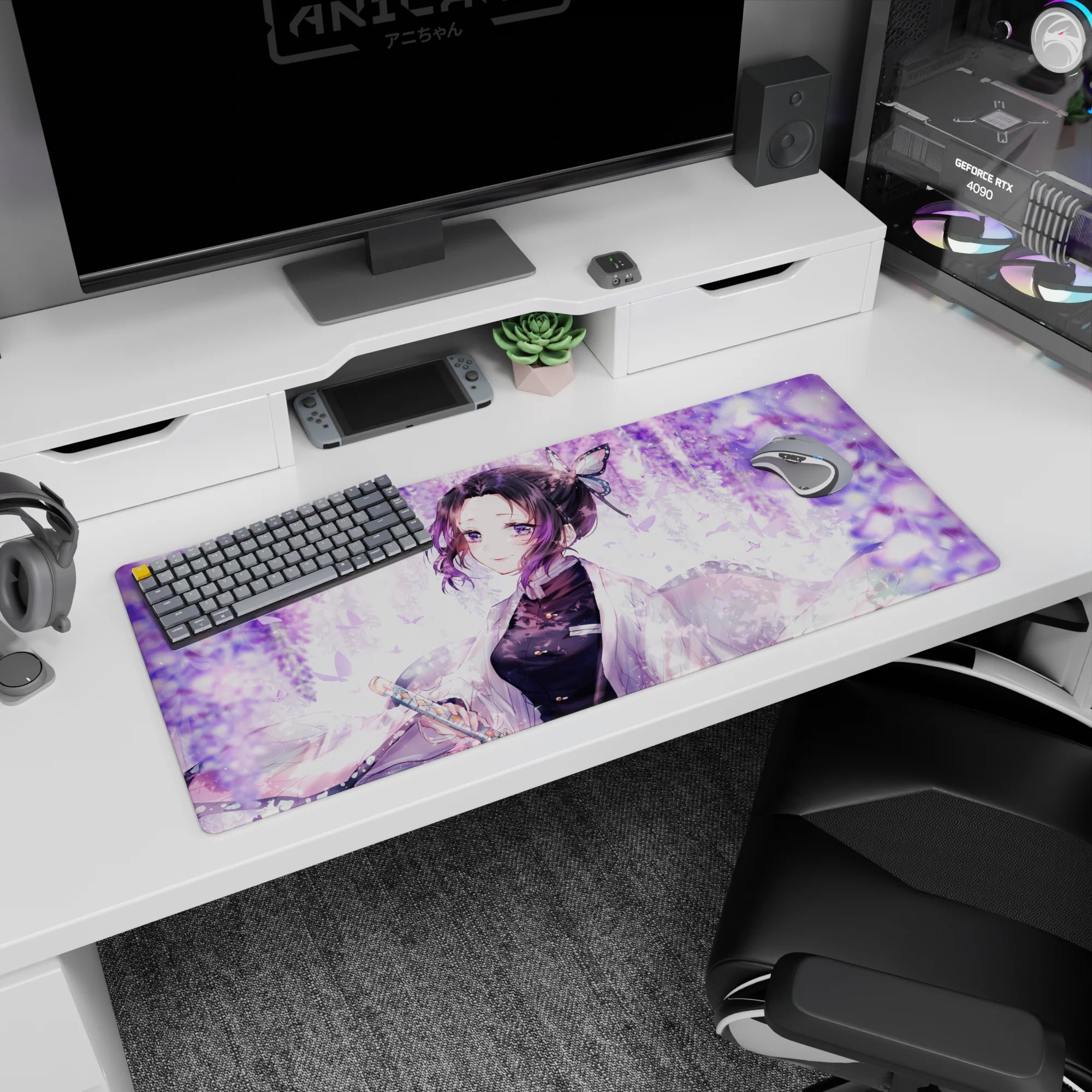 Shinobu anime desk pad, 36x16 inches, with lilac swirls, wisteria, and pastel butterflies for a serene workspace.