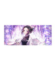 Anime mouse pad 28x12 inches featuring Shinobu from Demon Slayer with wisteria and pastel butterflies in soft lilac tones.