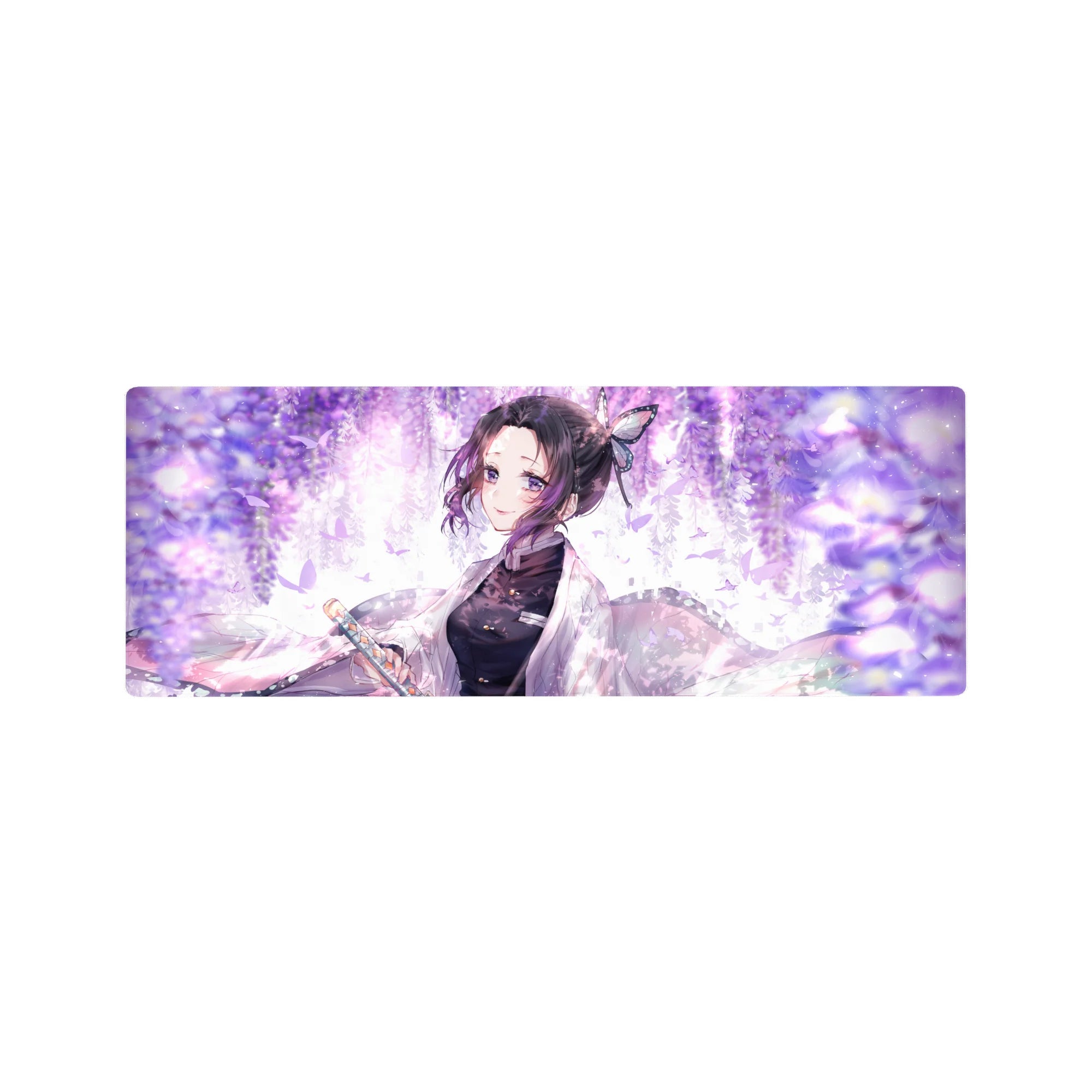 Anime mouse pad 32x12 inches featuring Shinobu from Demon Slayer, smiling under wisteria with pastel butterflies.