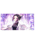 Anime mouse pad 32x16 inches featuring Shinobu from Demon Slayer, surrounded by lilac swirls, wisteria, and pastel butterflies.