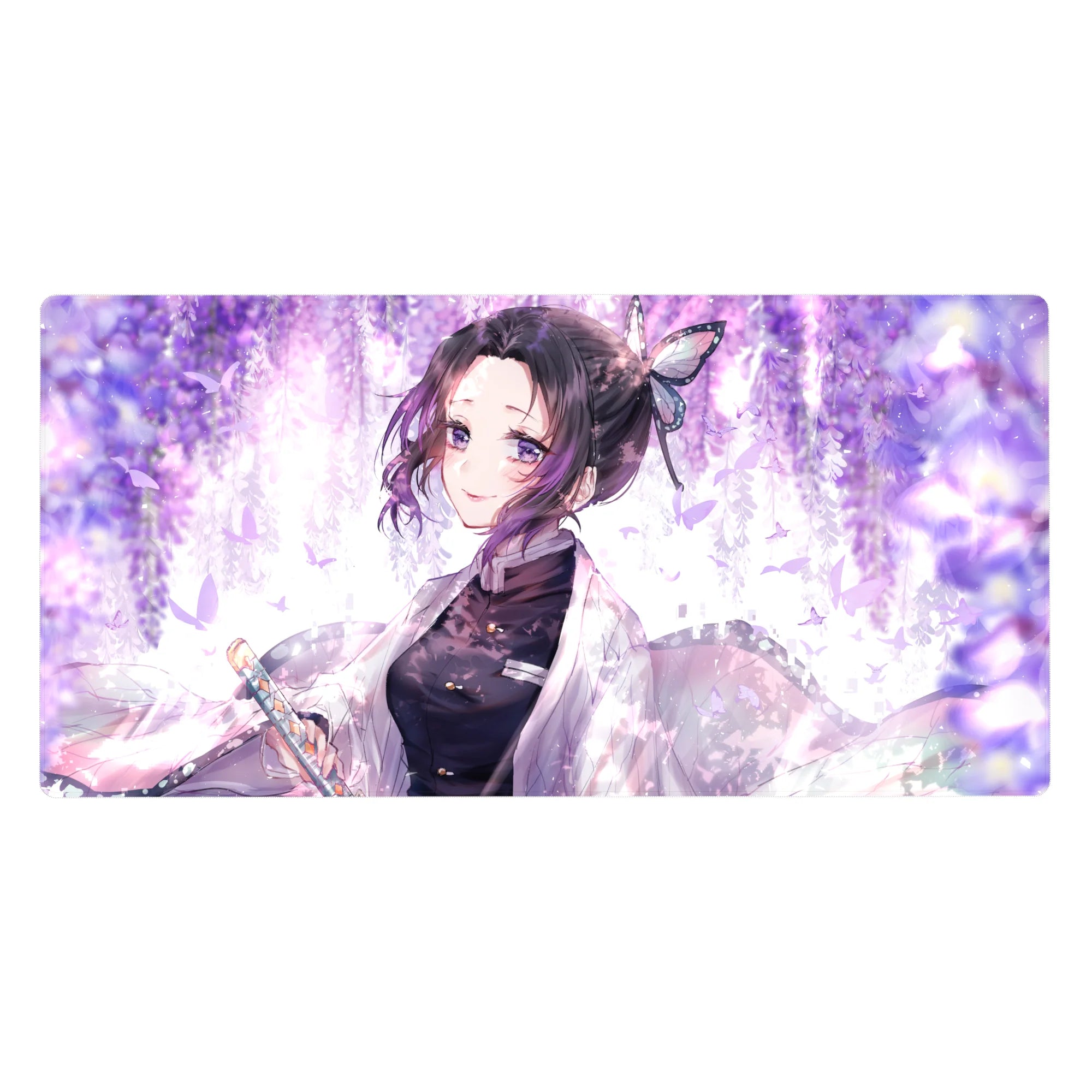 Desk pad 40x20 inches featuring Shinobu from anime, with pastel butterflies, wisteria, and soft lilac swirls.