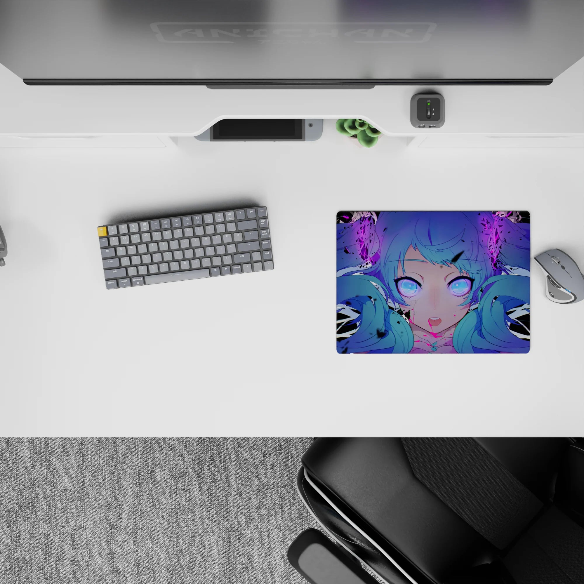 Neon violet-and-magenta anime mouse pad 14x10 inches, spooky cute vibe with glowing purple eyes.