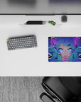 Neon violet-and-magenta anime mouse pad 14x10 inches, spooky cute vibe with glowing purple eyes.