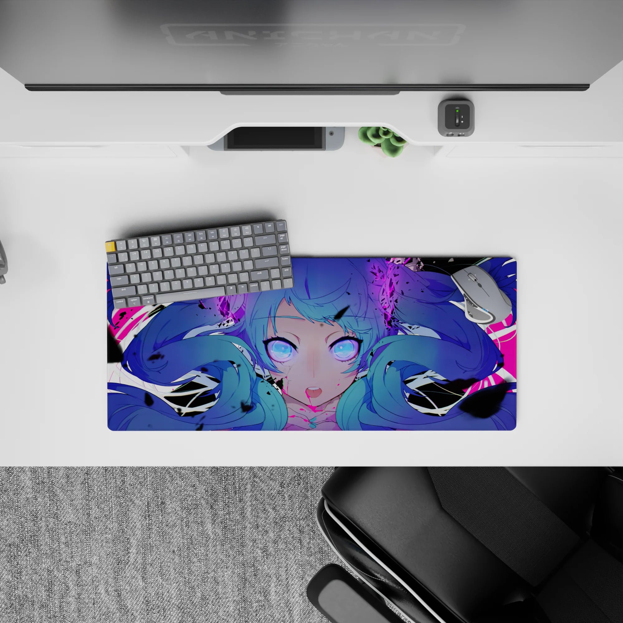 Neon magenta and black chaos mood on an anime mouse pad, 28x12 inches, with glowing violet cyber style.
