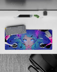 Neon magenta and black chaos mood on an anime mouse pad, 28x12 inches, with glowing violet cyber style.