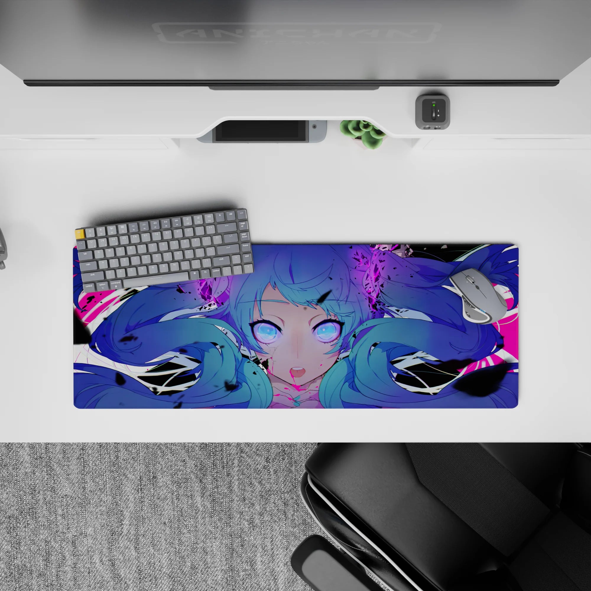 Neon violet-and-magenta anime mouse pad 32x12 inches, spooky-cute cyber chaos with glowing eyes.