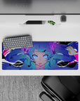 Neon violet-and-magenta anime mouse pad 32x12 inches, spooky-cute cyber chaos with glowing eyes.