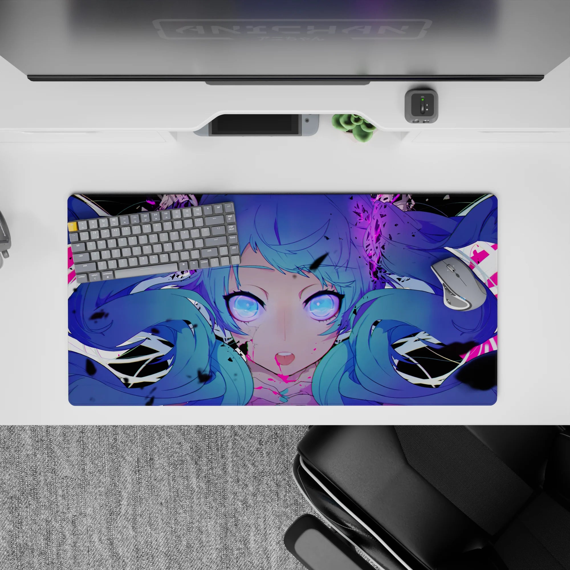 32x16 inches anime girl mouse pad in neon violet and magenta, spooky cute cyber chaos vibe.