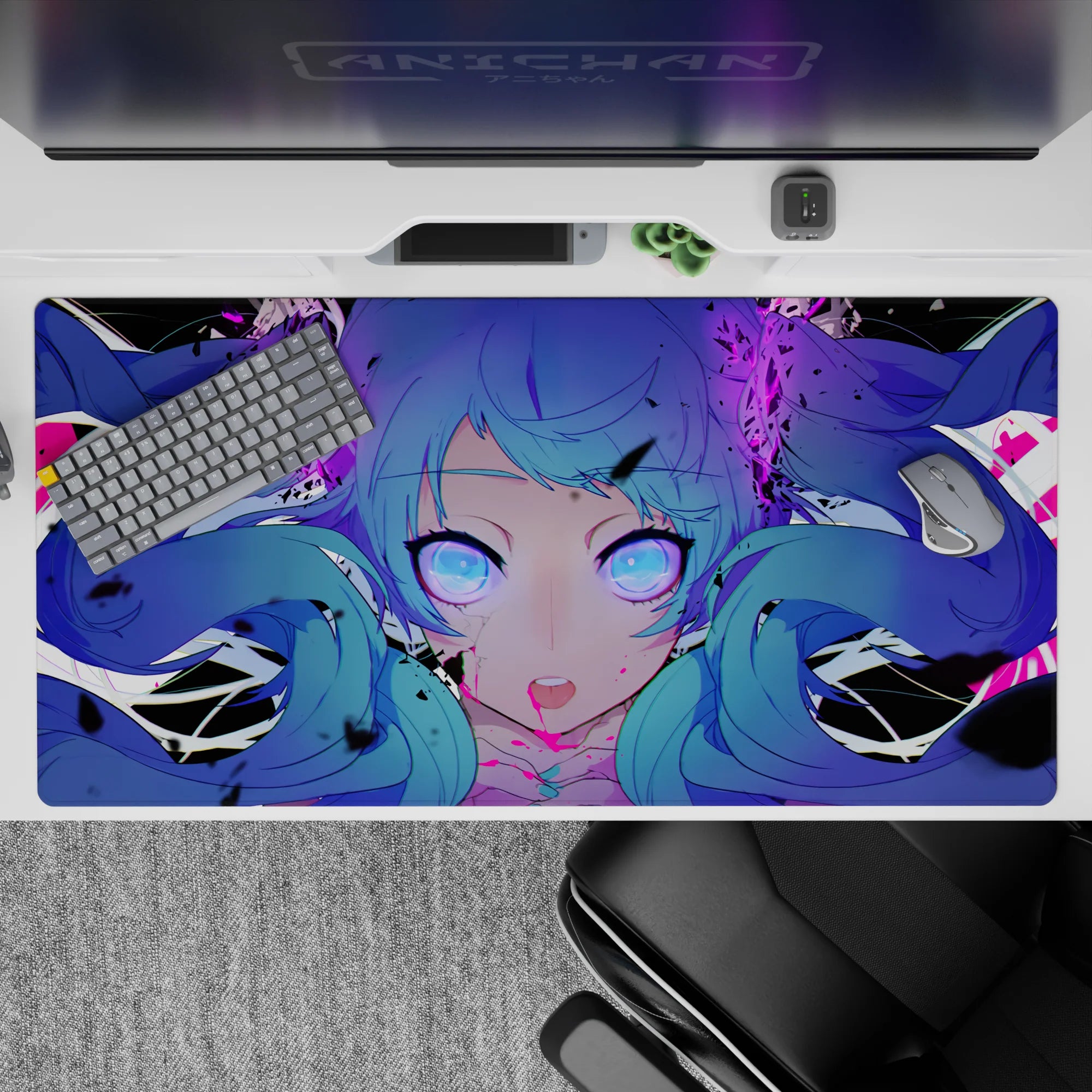 Neon cyber-pop anime desk pad 40x20 inches in violet, magenta, and black with a spooky cute vibe.
