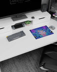 Blue-haired twin-tail anime girl staring forward on mouse pad 14x10 inches, sharp shards and splashes.