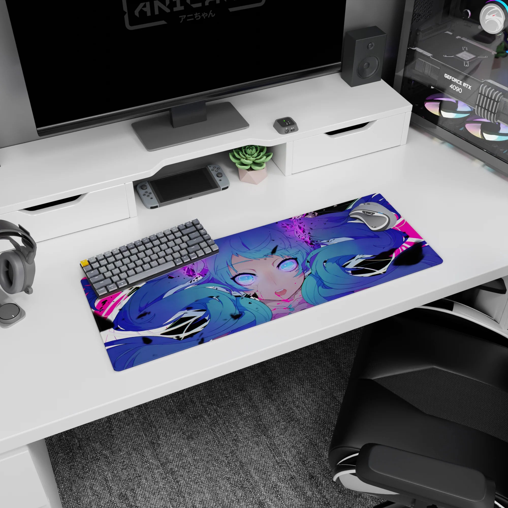 Intense twin-tail blue-haired anime girl staring forward on a 32x12 inches mouse pad, violet eyes.