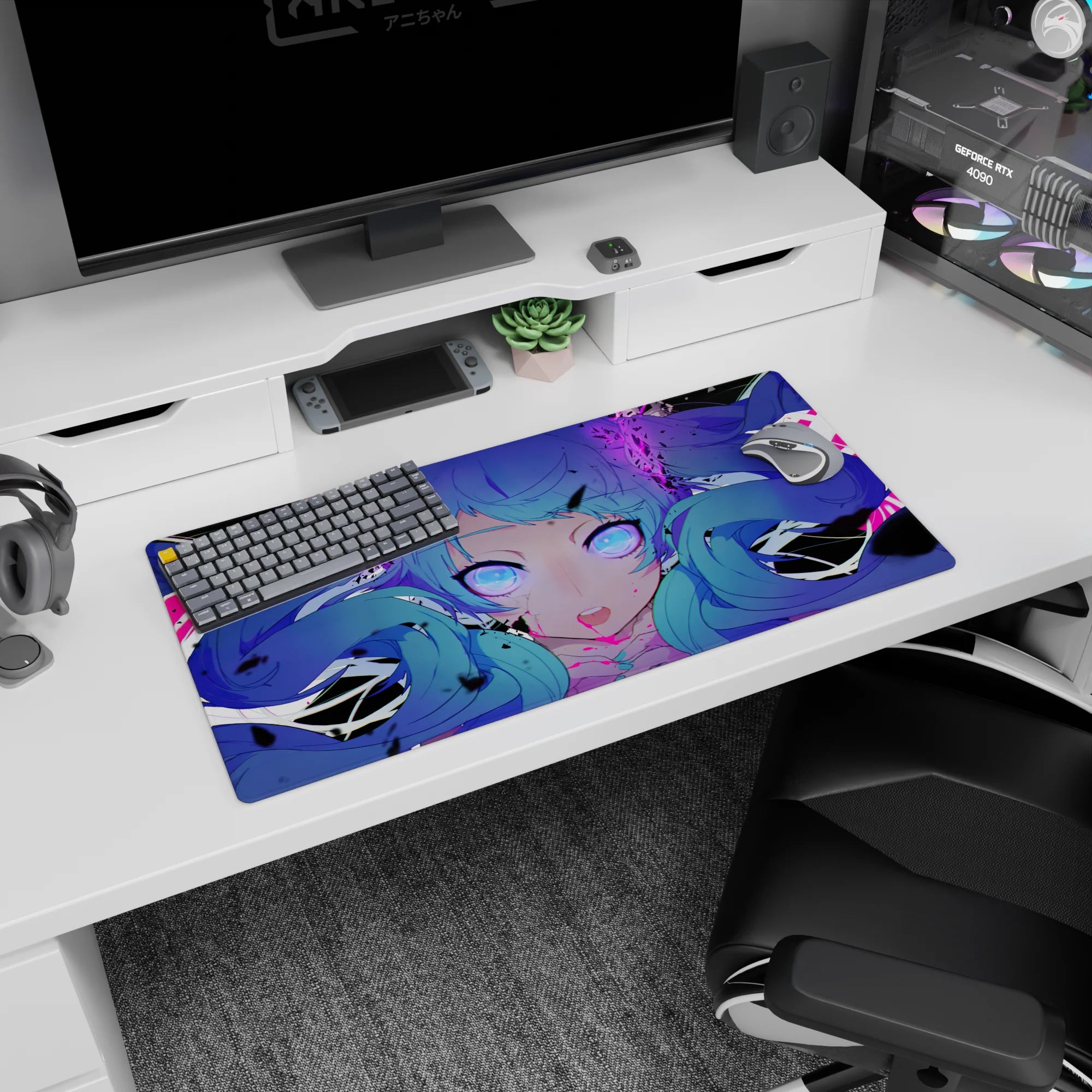 32x16 inches anime girl mouse pad featuring a blue twin-tail girl with glowing violet eyes staring forward.