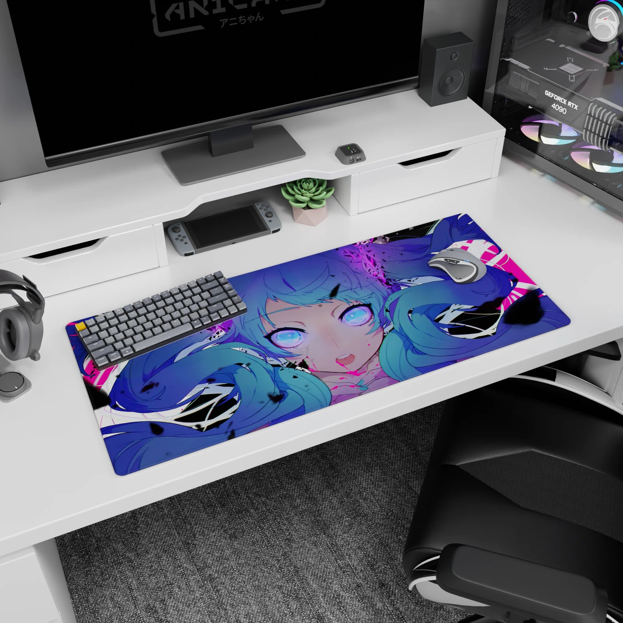 36x16 inches anime desk pad showing a blue twin-tail girl staring ahead, violet eyes and glitch splashes.