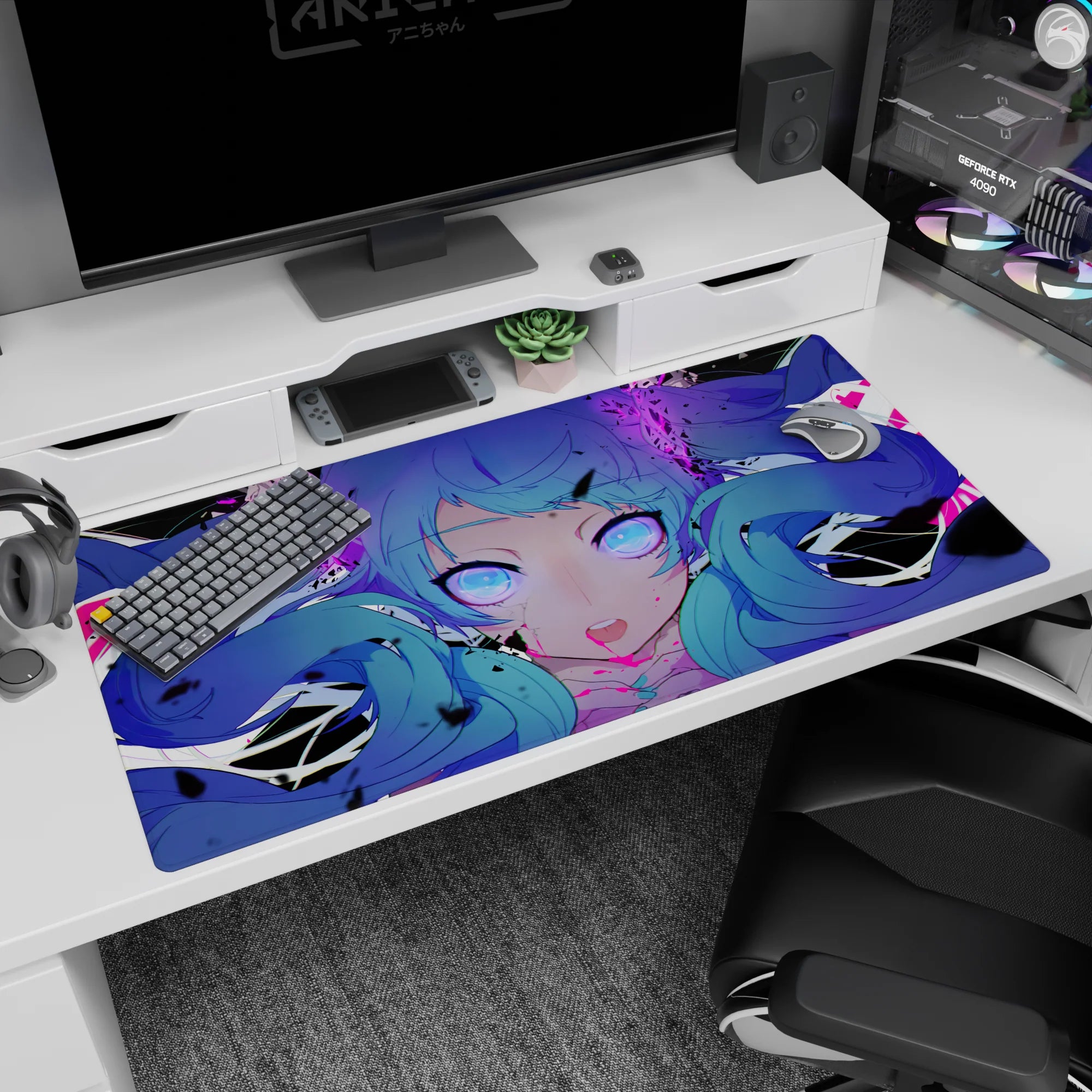 Blue twin-tail anime girl stares forward on a 40x20 inches desk pad, glowing purple eyes and glitch shards.
