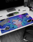 Blue twin-tail anime girl stares forward on a 40x20 inches desk pad, glowing purple eyes and glitch shards.