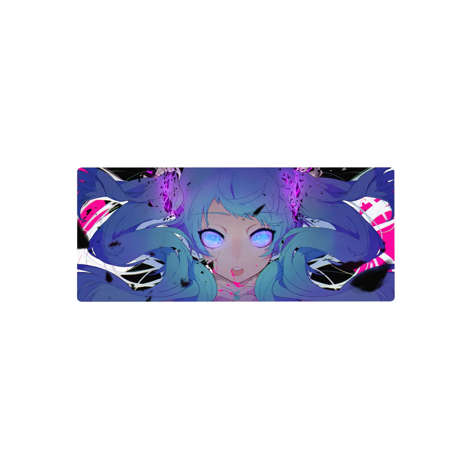 Cyber-pop anime girl mouse pad, 28x12 inches, twin-tail blue hair with violet eyes and shard graphics.