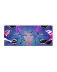 Cyber-pop anime girl mouse pad, 28x12 inches, twin-tail blue hair with violet eyes and shard graphics.