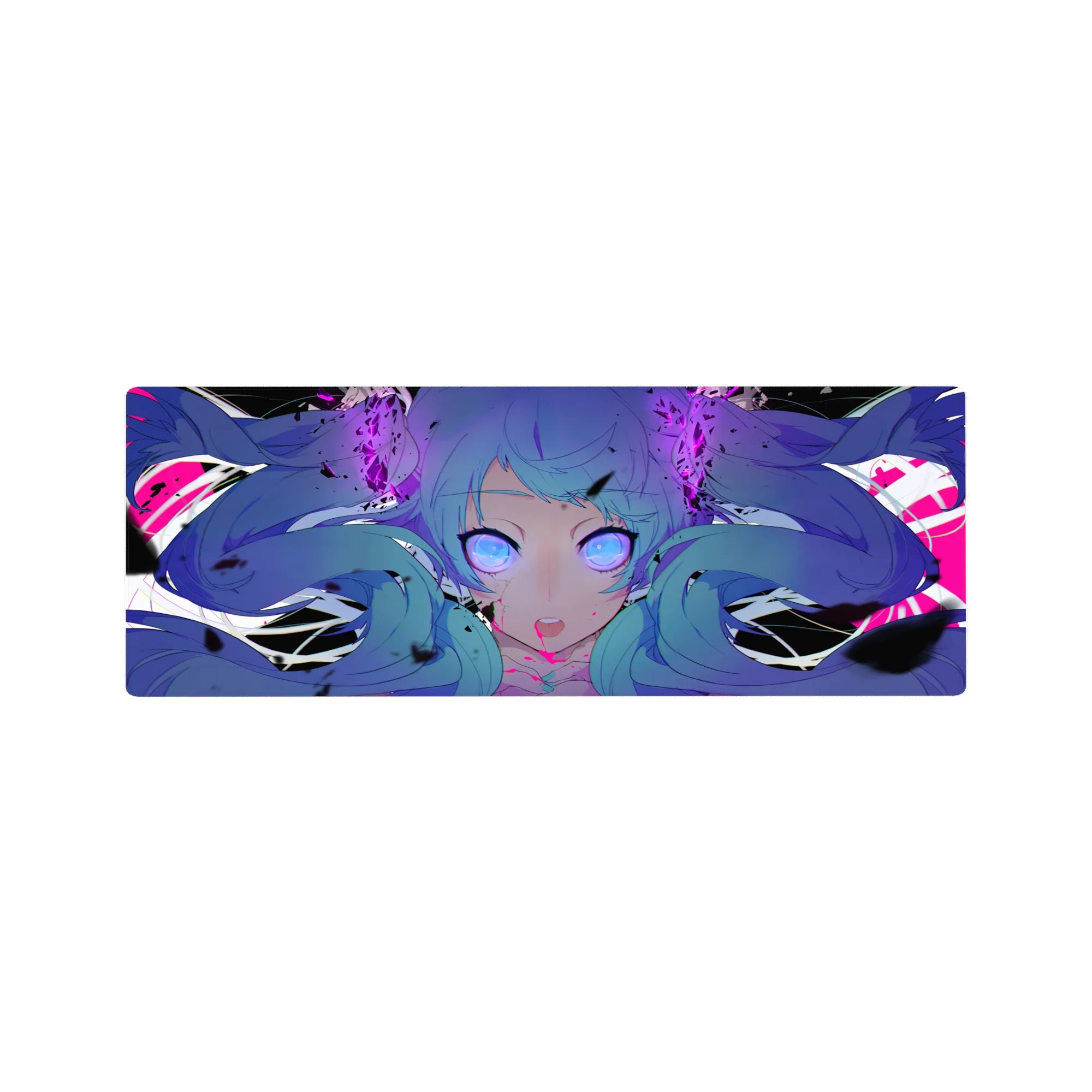 Cyber-pop anime girl mouse pad 32x12 inches with twin-tail blue hair, shards, and neon splatter art.
