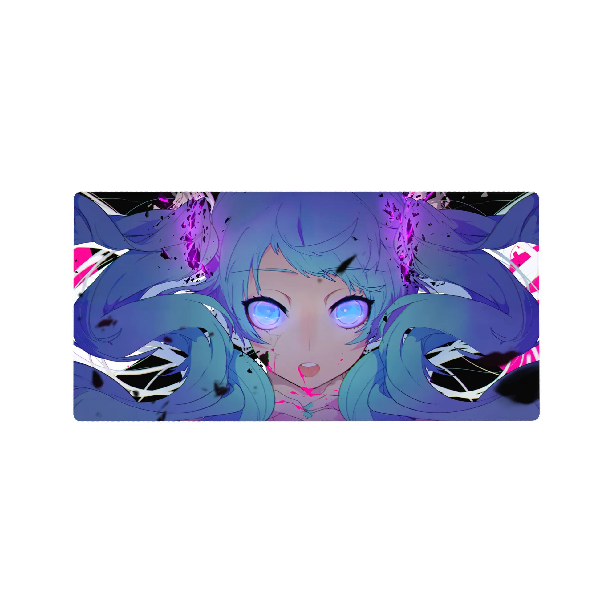 32x16 inches anime girl mouse pad with twin-tail blue-haired cyber-pop portrait and shard graphics.
