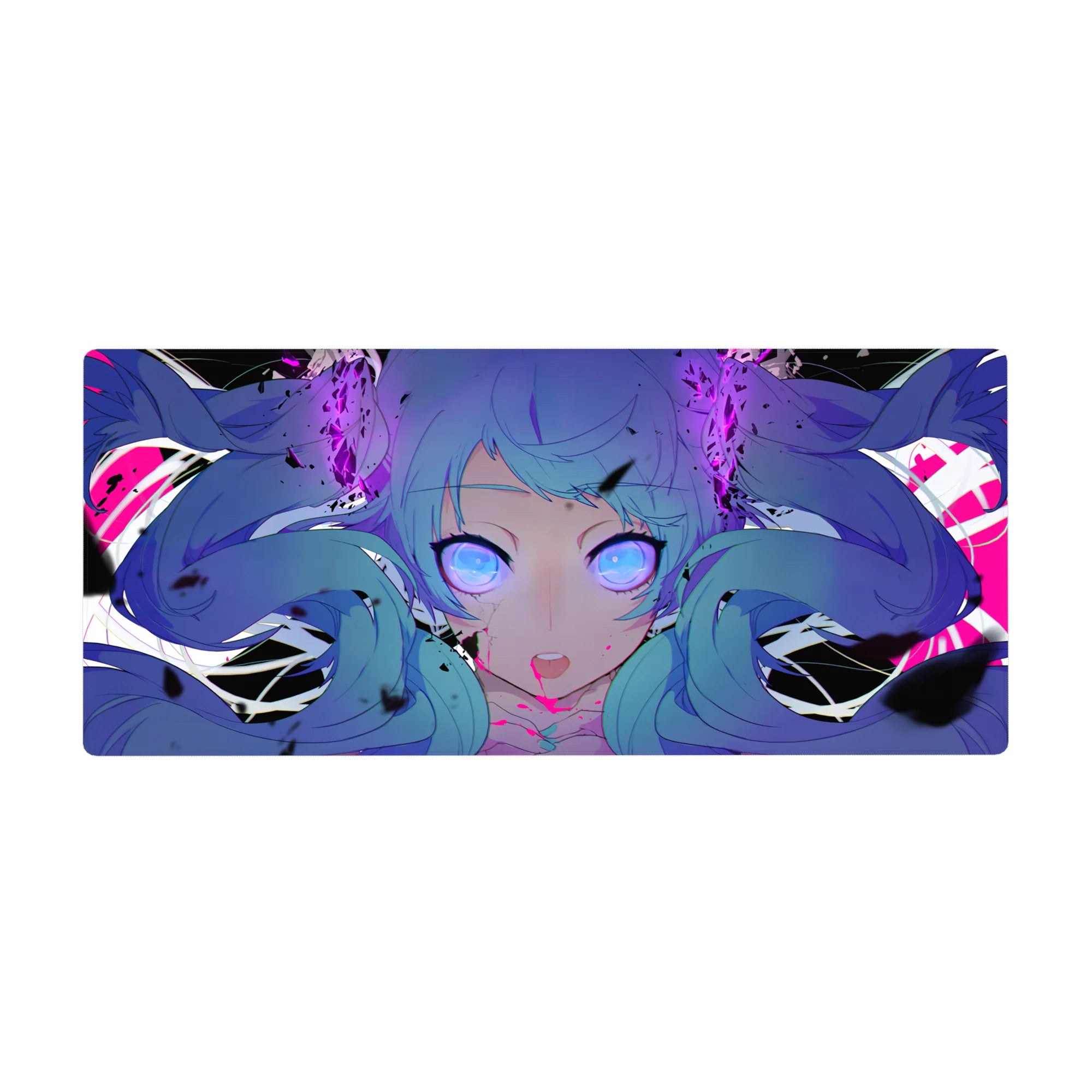 36x16 inches anime girl desk pad with twin-tail blue-haired cyber-pop artwork and sharp black shards.