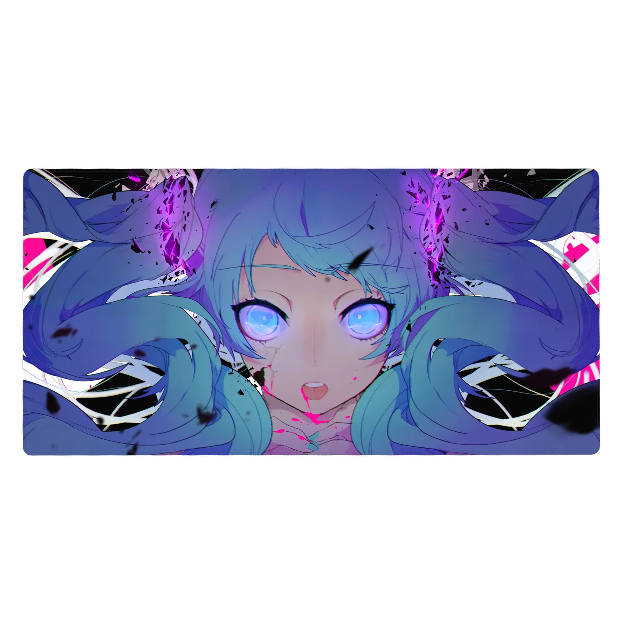 Anime girl desk pad 40x20 inches with blue twin-tail character, violet eyes, cyber-pop shards and splashes.