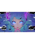 Anime girl desk pad 40x20 inches with blue twin-tail character, violet eyes, cyber-pop shards and splashes.