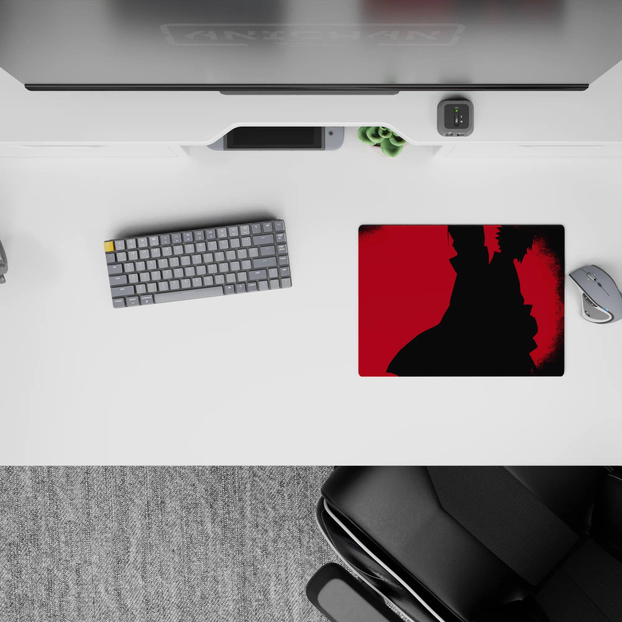 Red and black anime mouse pad 14x10 inches with smoky shadows and intense crimson showdown mood.