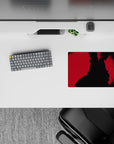 Red and black anime mouse pad 14x10 inches with smoky shadows and intense crimson showdown mood.