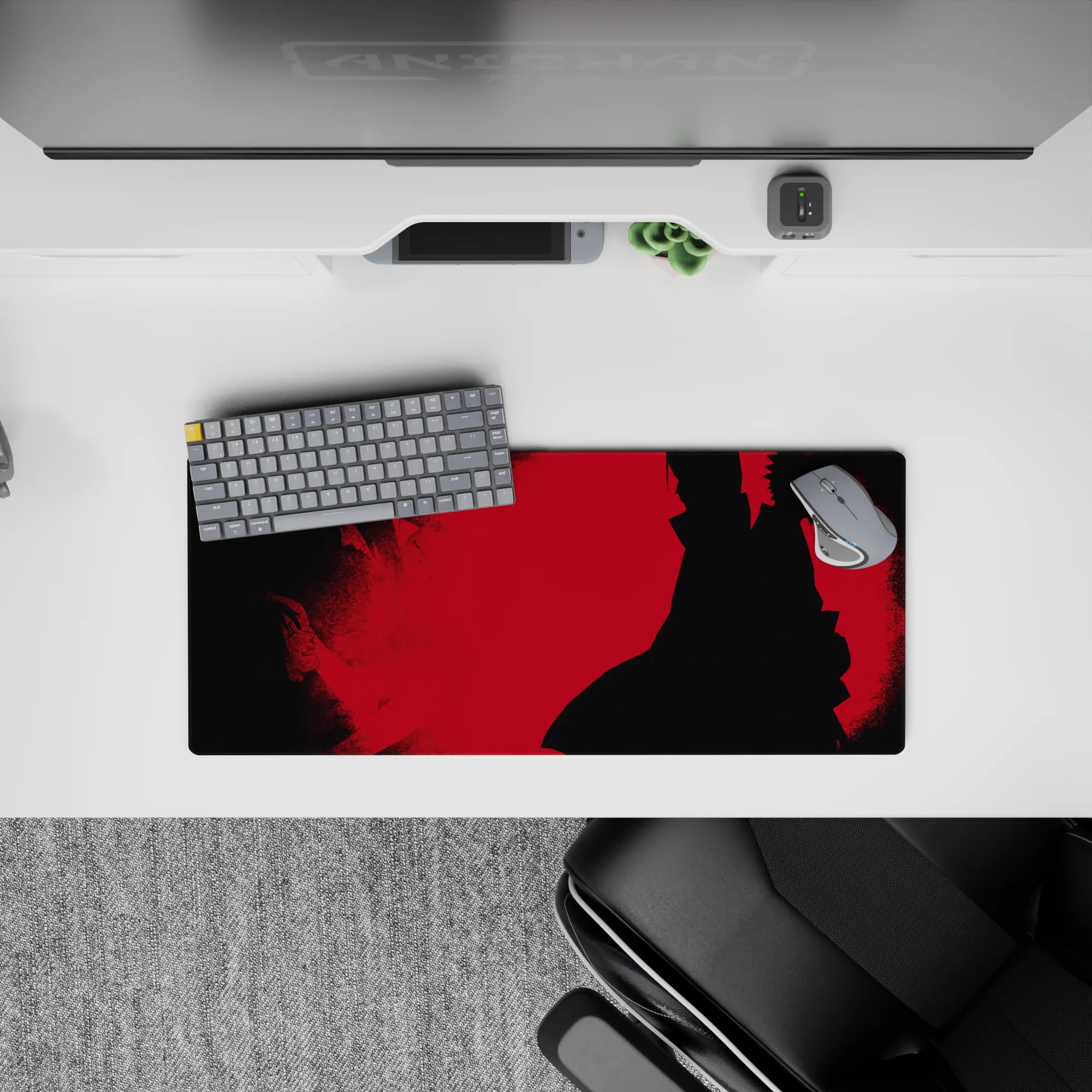 28x12 inches anime mouse pad in bold crimson tones with dark, gritty texture and ominous Akatsuki vibe.