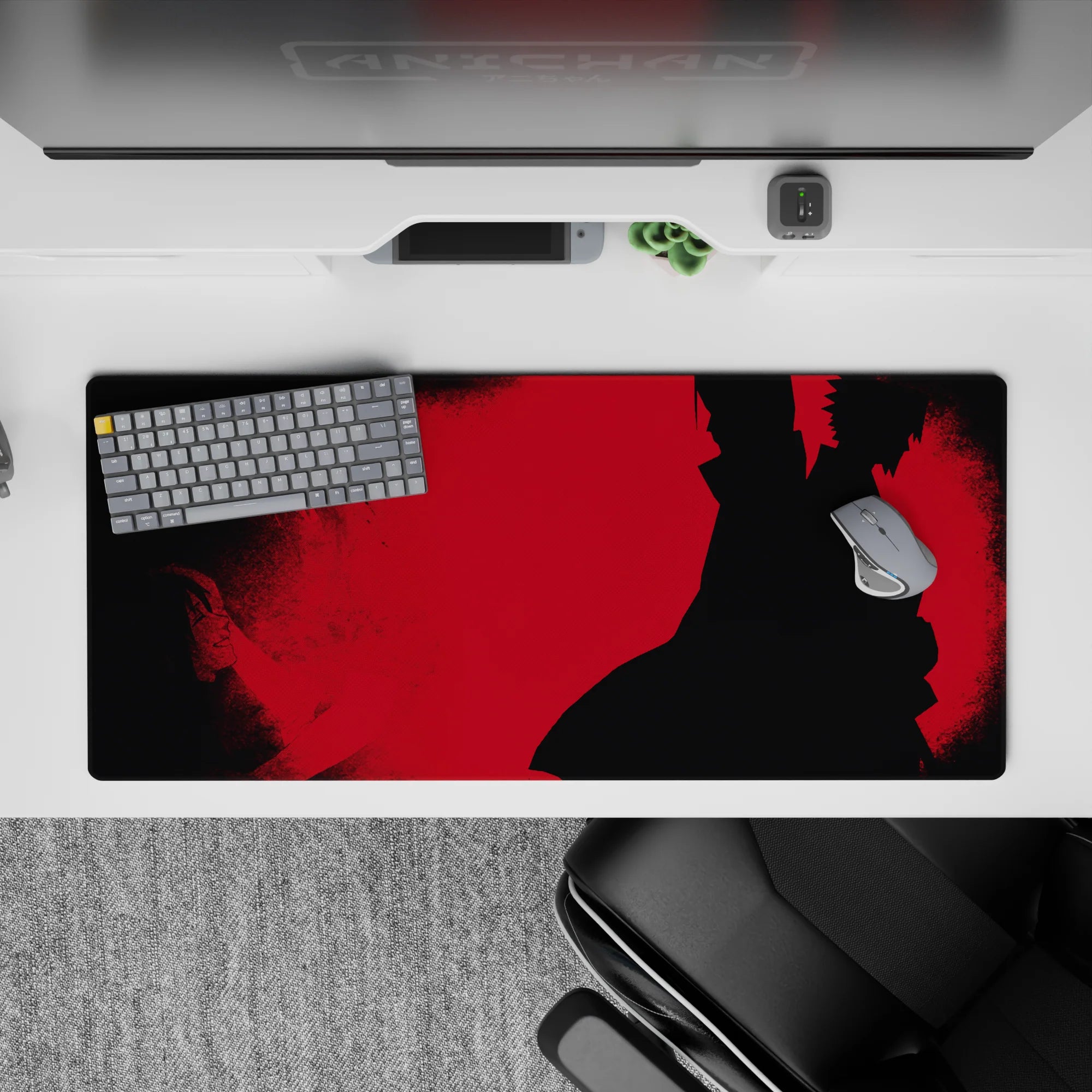 36x16 inches crimson red anime desk mat with dark Akatsuki vibe, shadows and hidden faces for moody setup.