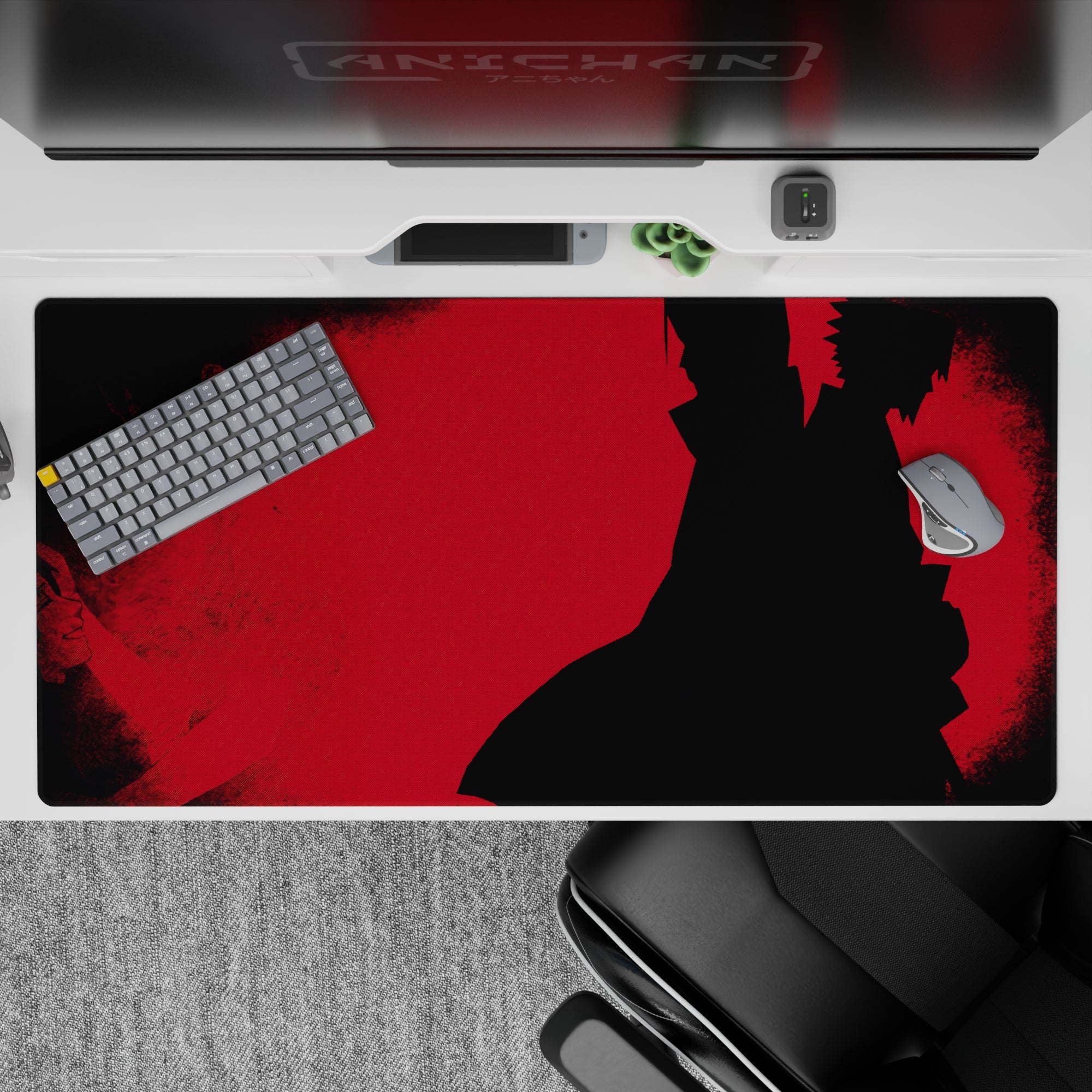 Crimson red gritty anime desk pad with smoky shadows and ominous showdown vibe, 40x20 inches.
