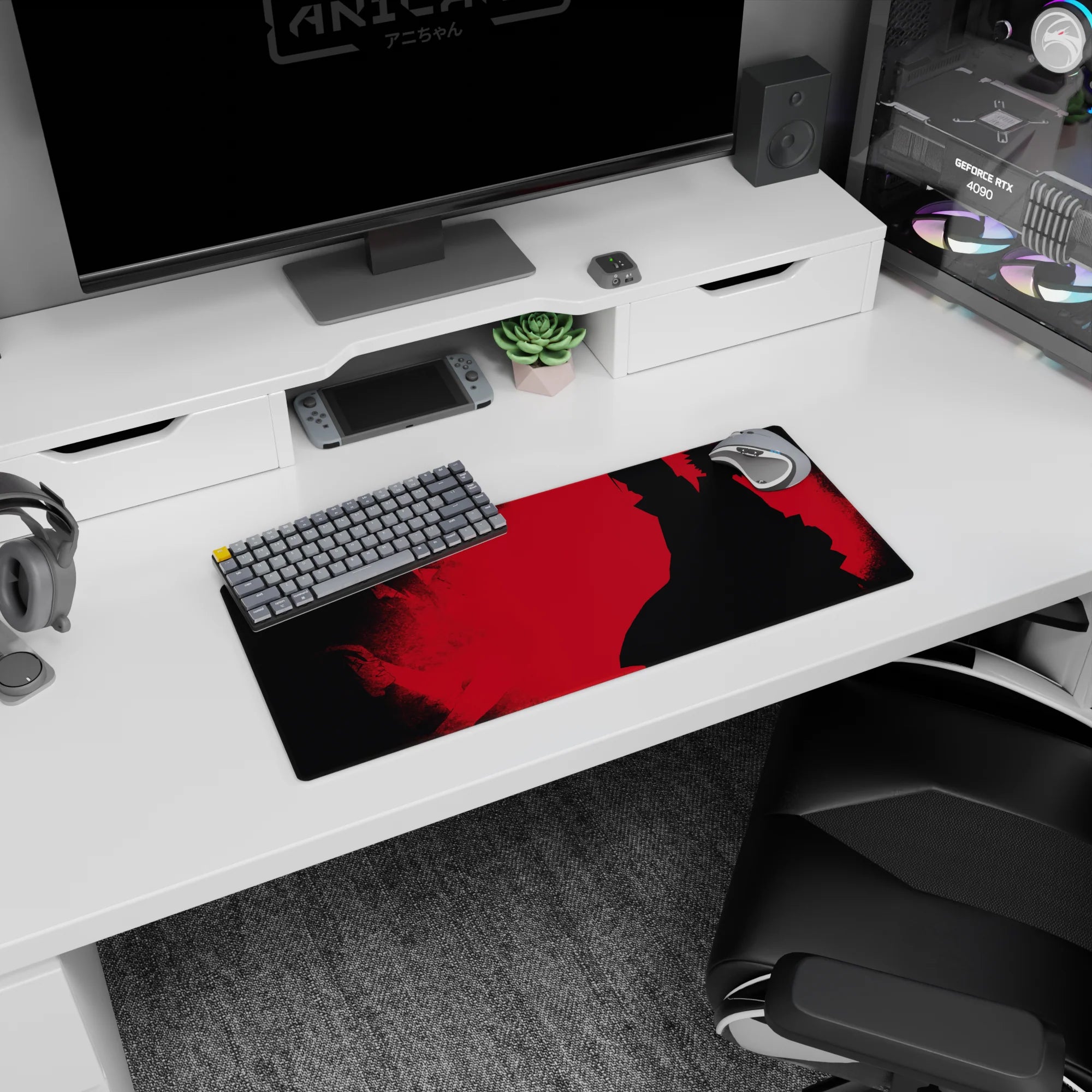 28x12 inches Itachi Uchiha mouse pad, red background with hidden faces in smoke for a tense showdown scene.